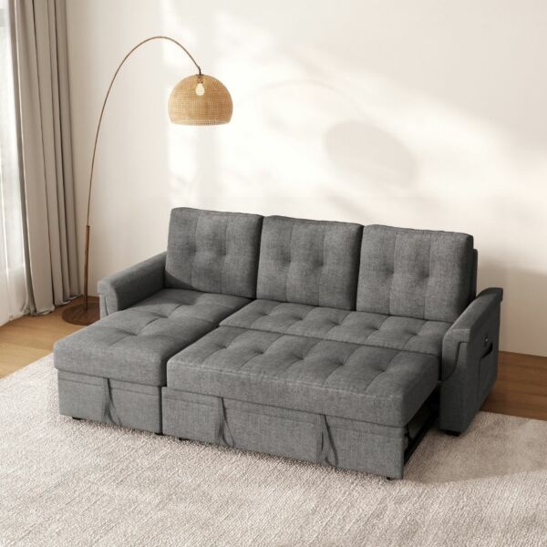 كنب سرير زاوية مع شاحن بورفال - رمادي غامق