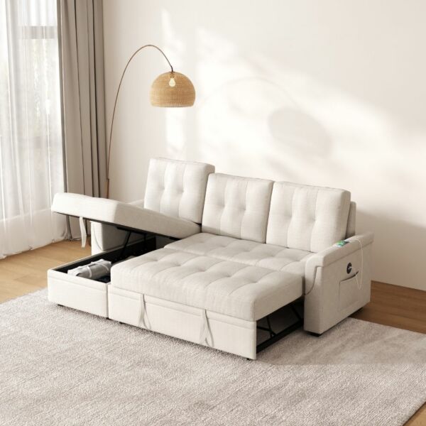 كنب سرير زاوية مع شاحن بورفال - بيج