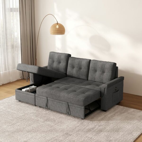 كنب سرير زاوية مع شاحن بورفال - رمادي غامق