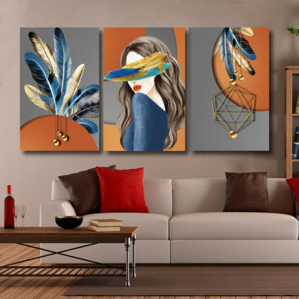 لوحة جدارية فنية بتصميم إمراة وريش - ثلاث قطع  - مقاس 120x60 سم