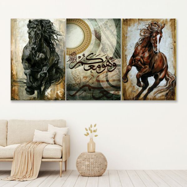 طقم لوحات جدارية فنية لتزين الحائط بتصميم حصان وخط عربي - ثلاث قطع