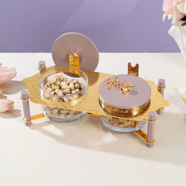 طقم تقديم مكسرات قطعتين مع صينية من جوار - بنفسجي وذهبي