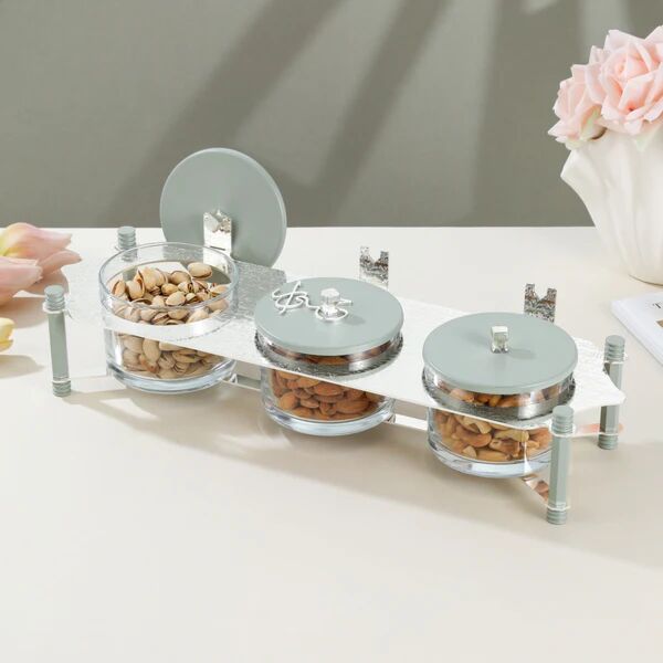 طقم تقديم مكسرات 3 قطع مع صينية من جوار - اخضر فاتح وفضي