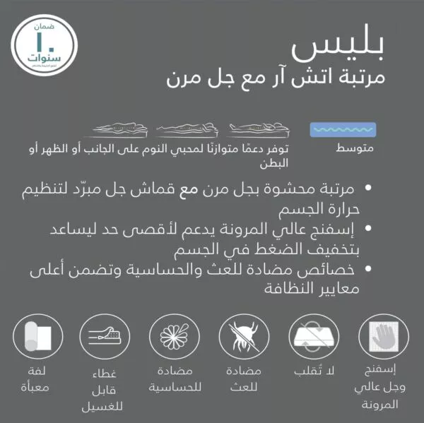 مرتبة كوين جل ميموري فوم عالية المرونة بليس 160x200 سم - ابيض
