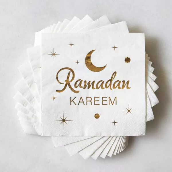 طقم مناديل سفرة 30 قطعة رمضان كريم 33x33 سم - ابيض وذهبي