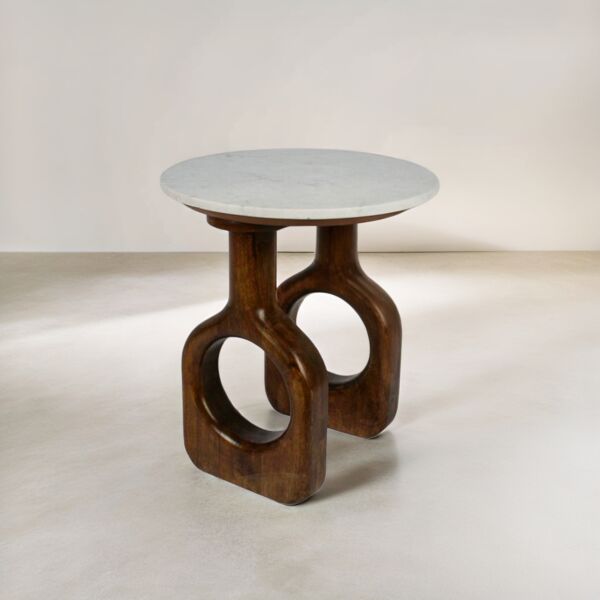 طاولة جانبية سطح رخام فينولر - ابيض وخشبي غامق