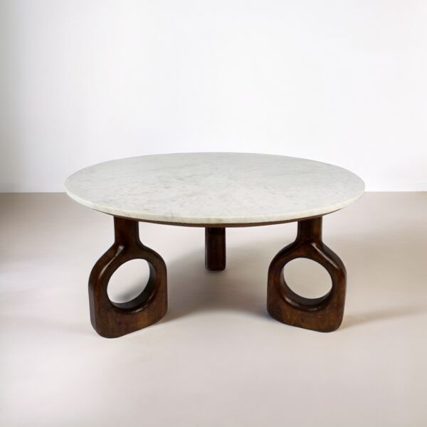 طاولة قهوة سطح رخام فينولر - ابيض وخشبي غامق