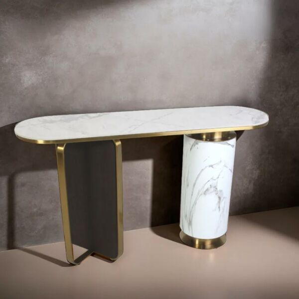 كونسول بشكل رخامي و أرجل معدن من باروي - لون أبيض و ذهبي 