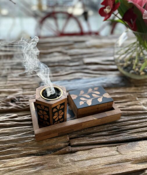 طقم مبخرة فلور 3 قطع أسود وخشبي