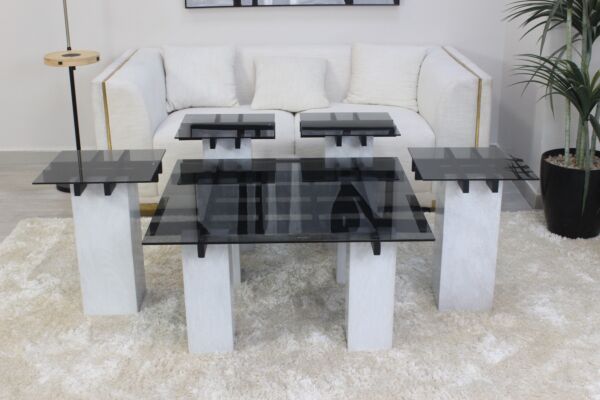 طقم طاولة قهوة مورنينج زجاج وحديد - أبيض وسموكي