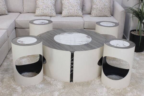 طقم طاولة قهوة سكاي 5 قطع - ابيض وبيج