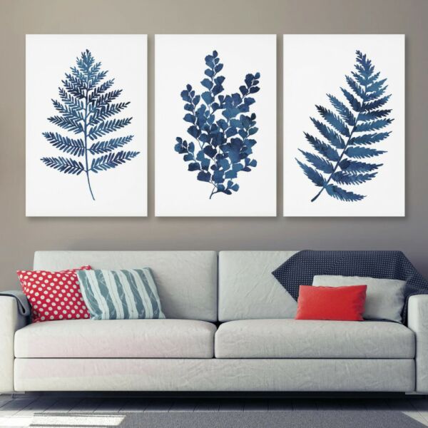 طقم لوحات جدارية فنية لتزين الجدار بتصميم تجريدي بلو ليفز - ثلاث قطع