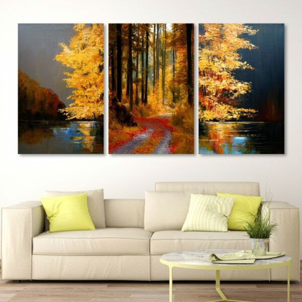 لوحة جدارية فنية بتصميم تجريدي ألوان الخريف - ثلاث قطع - مقاس 120x60 سم