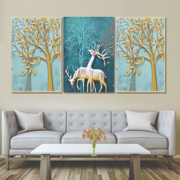 لوحة جدارية فنية بتصميم غزلان في الغابةر - ثلاث قطع - مقاس 120x60 سم