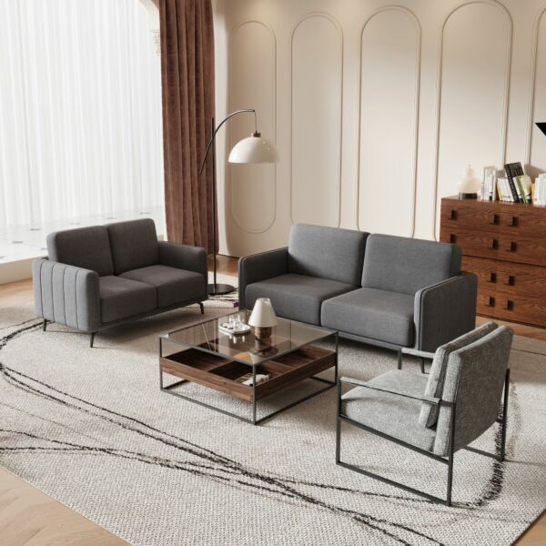 طقم كنب رومو ثنائي وثلاثي - رمادي غامق 