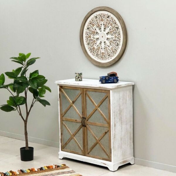 خزانة جانبية رفوف وخشب رونق-ابيض وبيج