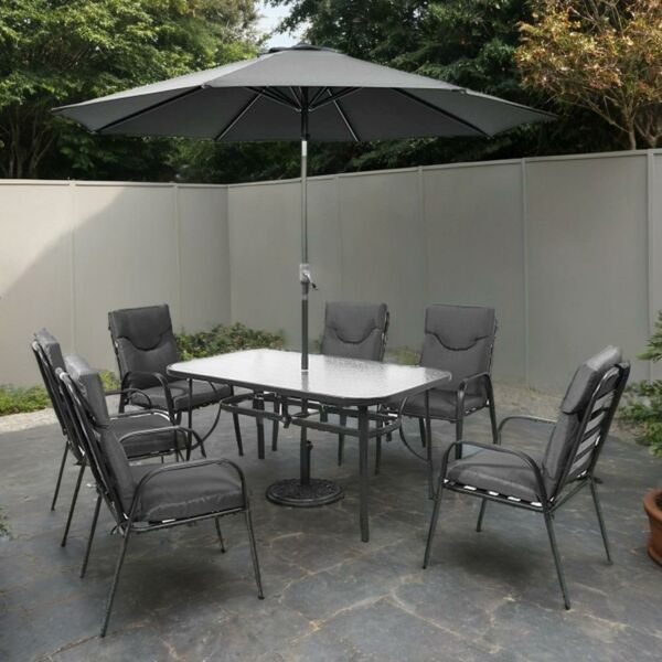 طقم طاولة طعام خارجية 6 كراسي مع مظلة صن رايز - رمادي غامق