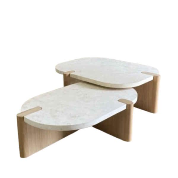 طاولة قهوة متداخلة سطح حجر وقواعد خشب