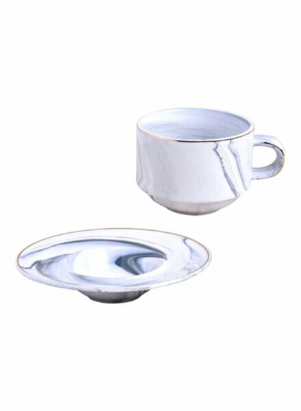 طقم كوب مع صحن بمقبضٍ - أبيض ورمادي - 200 مل