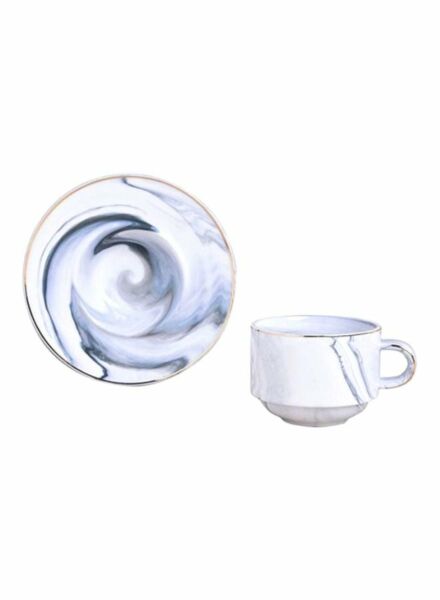 طقم كوب مع صحن بمقبضٍ - أبيض ورمادي - 200 مل