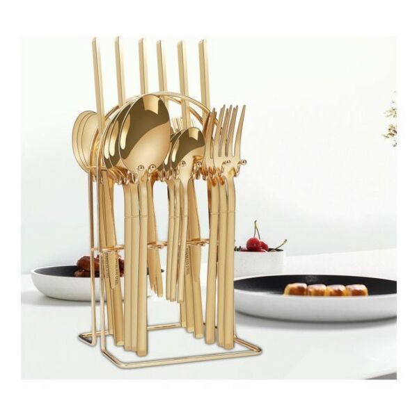 طقم أدوات مائدة من الستانلس ستيل 24 قطعة مع حامل - ذهبي