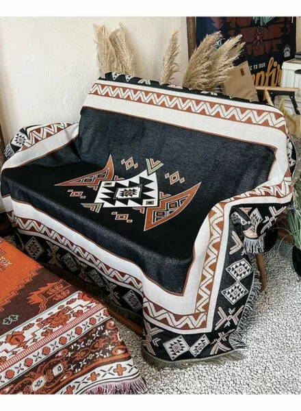 شال كنب بوهو محبوك بنمط بوهيمي - أسود وعدة ألوان