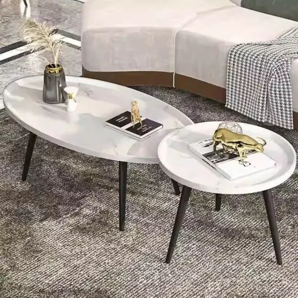 طقم طاولة قهوة وطاولة جانبية بنمط رخامي - ابيض