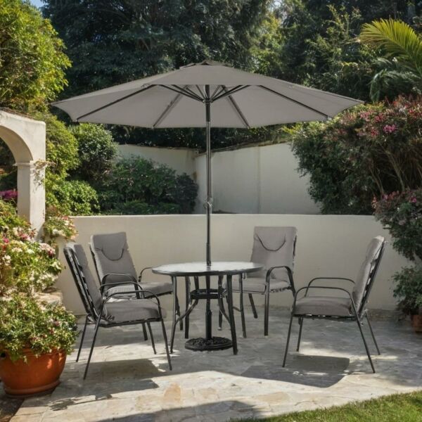 طقم طاولة طعام خارجية مع مظلة 4 كرسي صاني - رمادي