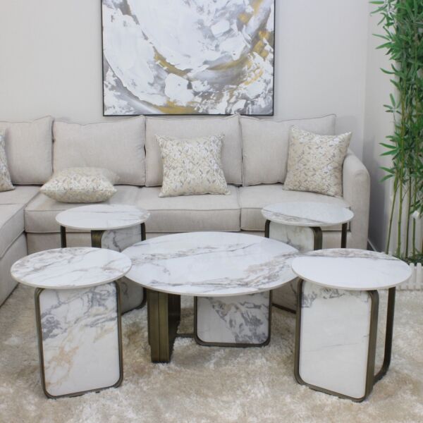 طقم طاولة قهوة مارين 5 قطع - أبيض وذهبي مطفي