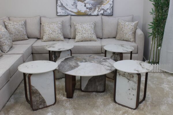 طقم طاولة قهوة مارين 5 قطع - أبيض ونحاسي