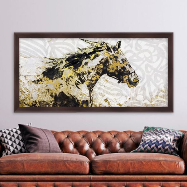 لوحة قماشية مودرن بتصميم حصان مع برواز بني سادة