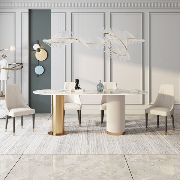 طاولة طعام رخام انجلز لستة أشخاص - ابيض وذهبي بدون كراسي