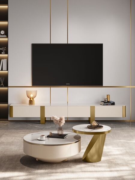  طاولة تلفزيون مودرن كليرتل بمساحات تخزين - أبيض وكريمي