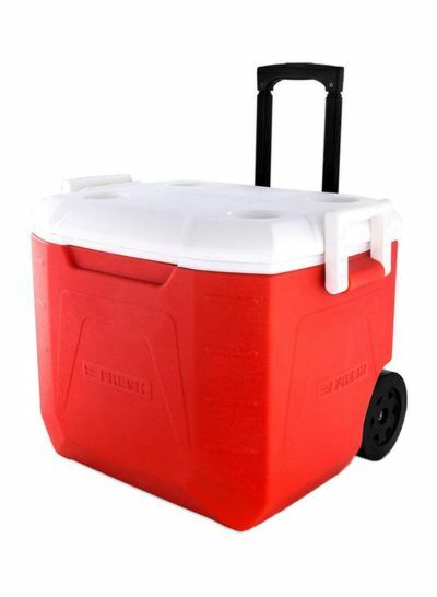 مبرد مشروبات مزود بمقبض وعجلات أحمر أبيض 