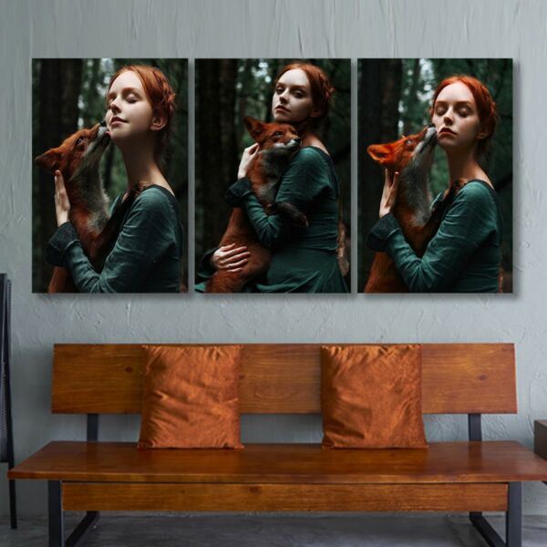 لوحة جدارية فنية بتصميم امرأة مع ثغلب - ثلاث قطع - مقاس 120x60 سم