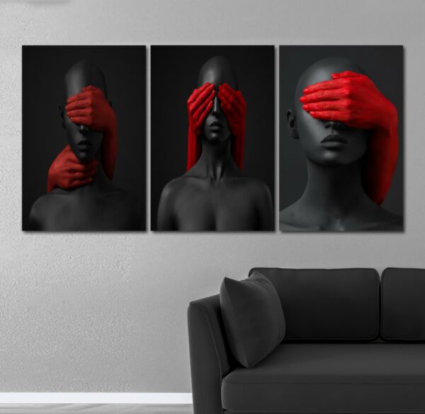 طقم لوحات جدارية فنية داليا بتصميم امرأة 3 قطع - اسود واحمر