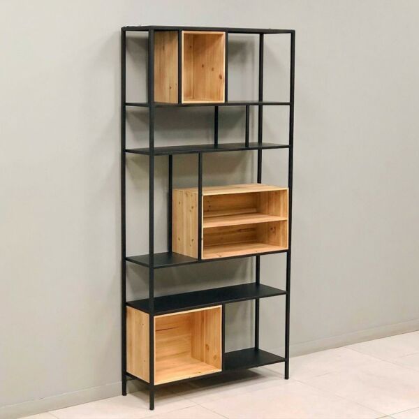 ستاند رفوف حديد وخشب ايزيك - اسود وبيج