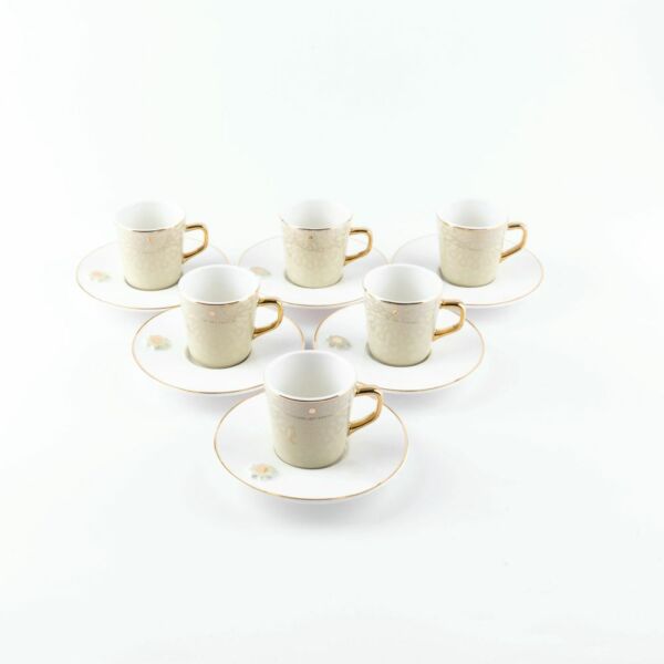 طقم قهوة تركية من أصالة 12 قطعة - بيج وذهبي