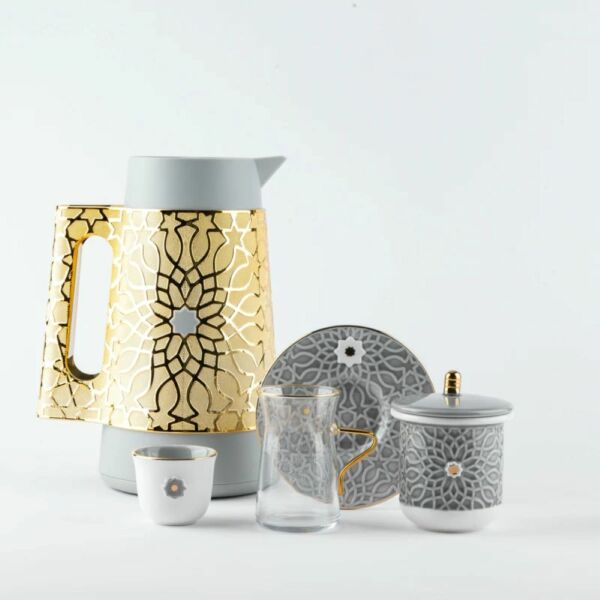 طقم شاي وقهوة 21 قطعة من أصالة - رمادي وذهبي