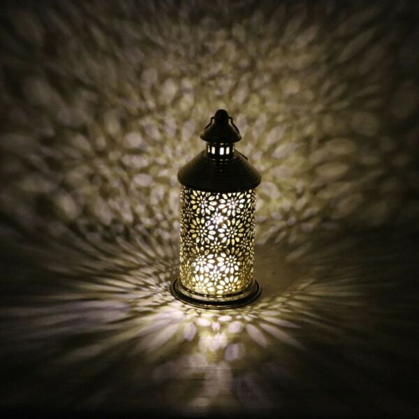 فانوس رمضان كاستيل استيل دائري مزخرف بإضاءة ليد ذهبي 