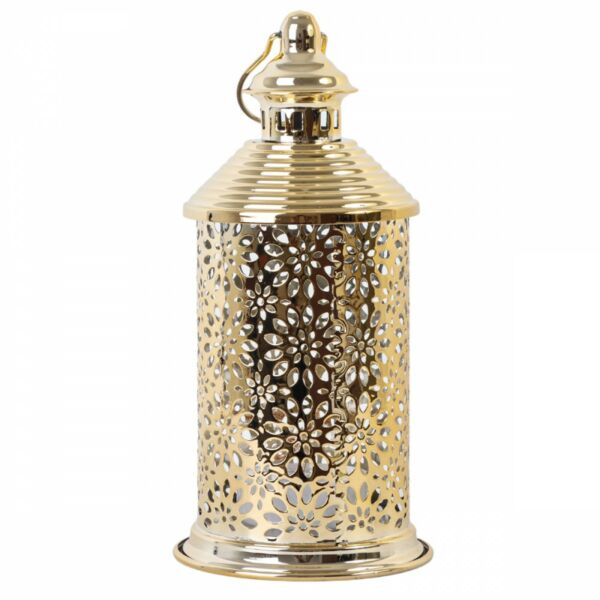 فانوس رمضان كاستيل استيل دائري مزخرف بإضاءة ليد ذهبي 