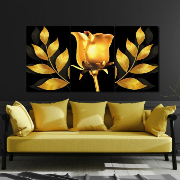 لوحة جدارية فنية بتصميم ورود ذهبية - ثلاث قطع  - مقاس 120x60 سم