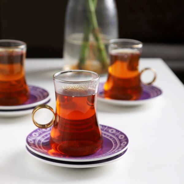 طقم بيالات شاي خزامى زجاج شفاف مقابض ذهبي 12 قطعة