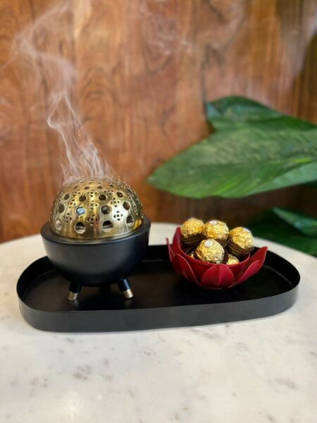 طقم تقديم مع مبخرة رتان - أسود, صغير