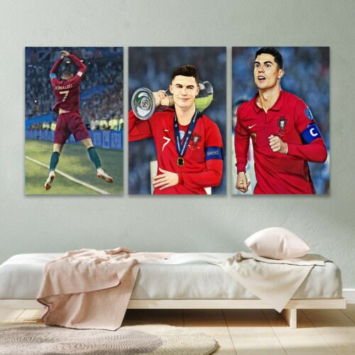 لوحة جدارية فنية بتصميم رياضة كريستيانو - ثلاث قطع - مقاس 120x60 سم