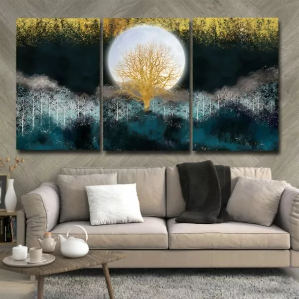 لوحة جدارية فنية بتصميم طبيعة تجريدي - ثلاث قطع  - مقاس 120x60 سم