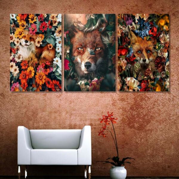 لوحة جدارية فنية بتصميم حيوانات وورود - ثلاث قطع - مقاس 120x60 سم