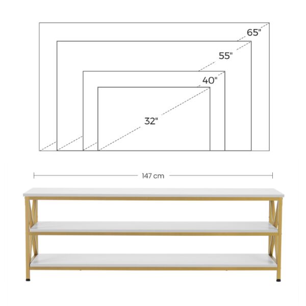طاولة تلفزيون هوقا خشب و ستيل أبيض و ذهبي - 147x50x40 سم