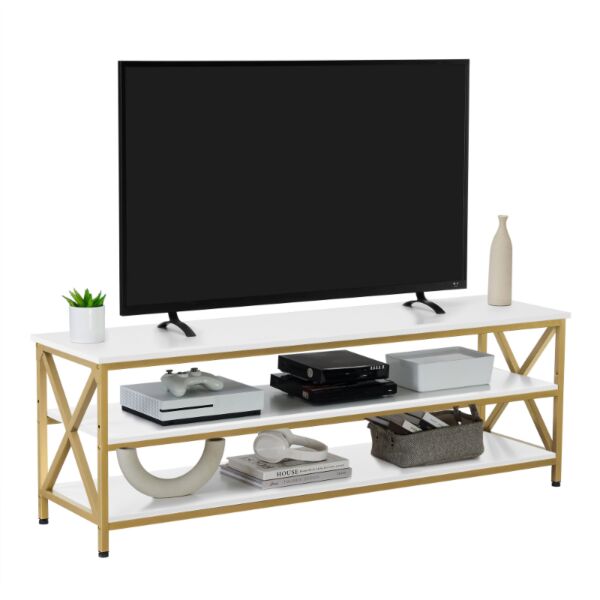 طاولة تلفزيون هوقا خشب و ستيل أبيض و ذهبي - 147x50x40 سم