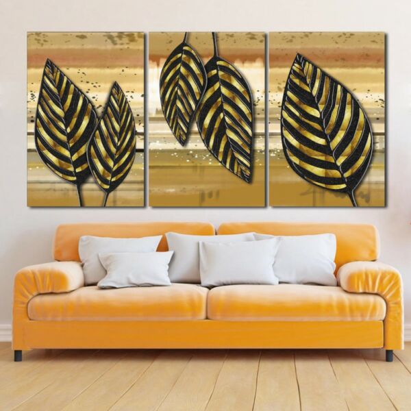 لوحة جدارية فنية بتصميم عصري اوراق ملونة - ثلاث قطع  - مقاس 120x60 سم